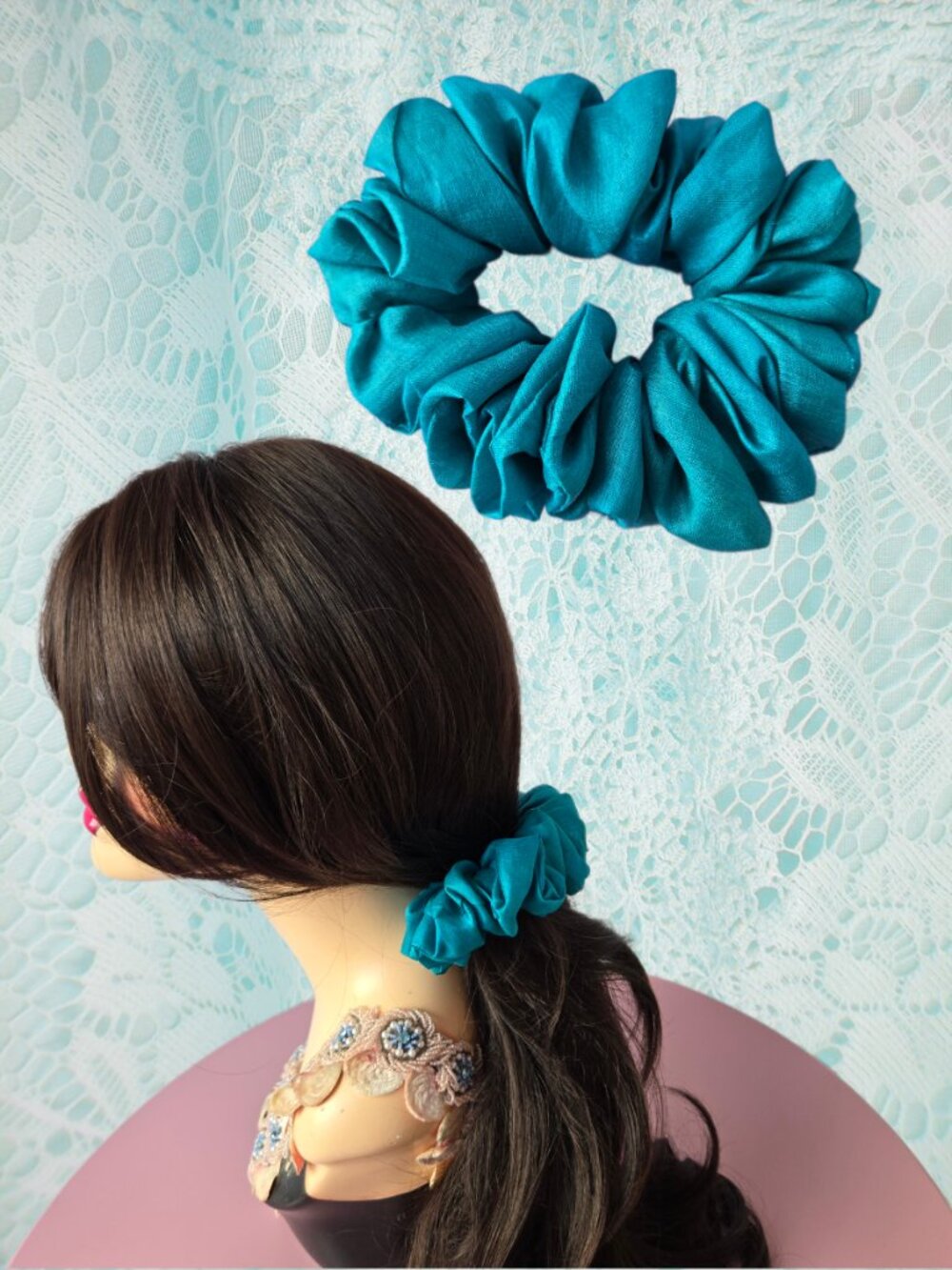 Handmade Turquoise Scrunchie Mermaidcore Hair Tie Romantic Ballet Bun Boho Chic